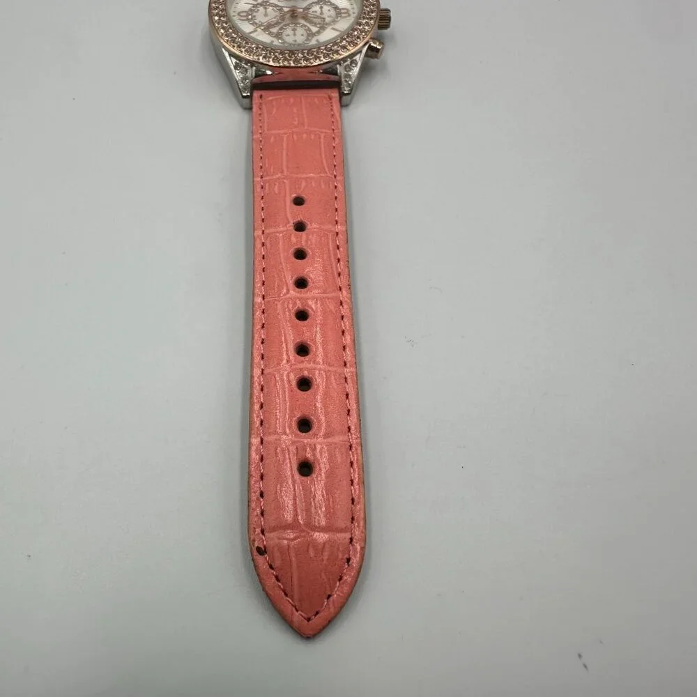 Bebe Watch Women Silver Rose Gold Tone Faux Chronograph Pave Crystal Bezel 9